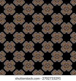 Modern pixel design featuring a black background with yellow and orange tribal-inspired geometric elements. Perfect for textiles, backgrounds, digital art, and contemporary decorative projects.