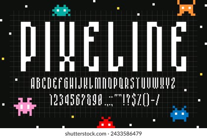 Fuente de píxel moderno, tipo binario, tipo de letra digital, alfabeto geométrico de 8 bits. Vector retro videojuego o pantalla digital pixelado letras, números y signos. Caracteres tipográficos de bloques pixelados