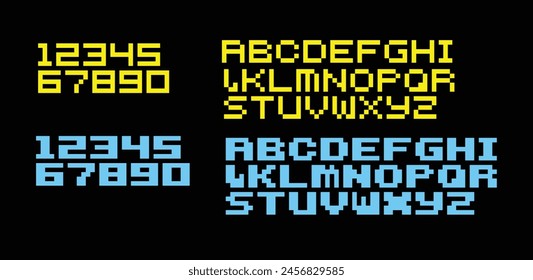 A modern Pixel font Game with Electric blue and yellow letters and numbers concept. Letters in minimalistic retro 8 bit style. Design element for mobile programs and applications.