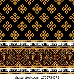 A modern pixel textile design featuring a black background with yellow, orange, and white tribal-inspired geometric elements. Ideal for fabric prints, digital backgrounds, and contemporary decorative 