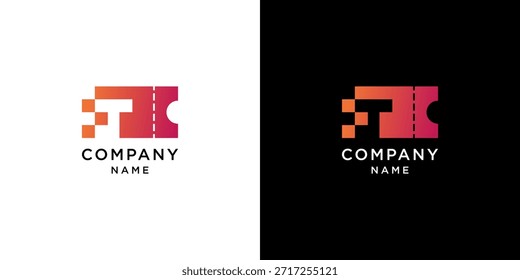 Logotipo moderno del boleto pixelado con la letra T del degradado