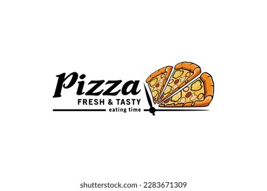 Modern pizza logo design template with creative time concept