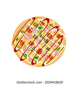 Modern pizza in a minimalist style. Pizza with sausage, tomatoes, cheese, jalapena. Three types of sauces. Vector illustration isolated on white background.