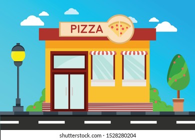 Modern Pizza Shop Buildings, Illustration Of Exterior Facade Store Building.