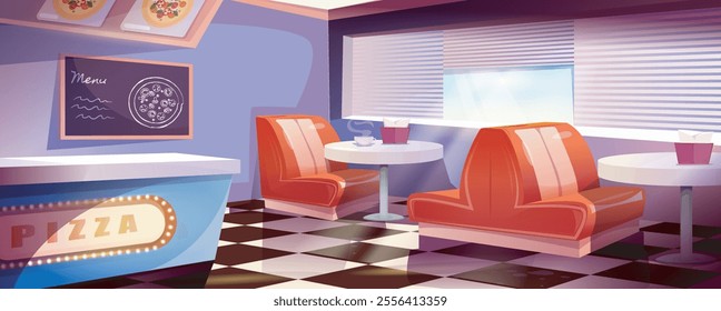 Modern pizzeria interior. Cafeteria and restaurant, catering service. Red chairs and lounges near empty tables. Takeaway eating and fast food. Italian cuisine. Isometric vector illustration