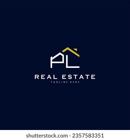 modern PL letter real estate logo in linear style with simple roof building in blue