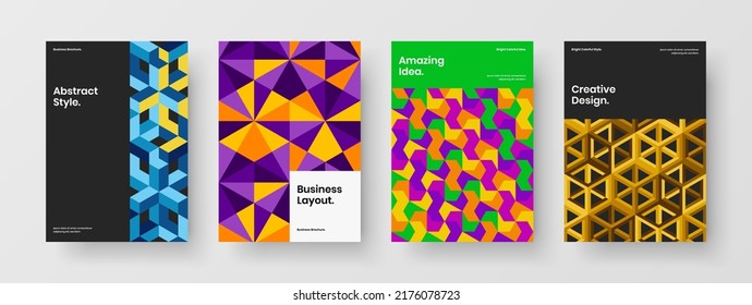 Modern placard A4 design vector template collection. Colorful mosaic hexagons catalog cover illustration composition.