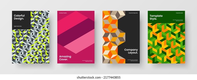 Modern placard A4 vector design illustration set. Vivid geometric tiles handbill template composition.