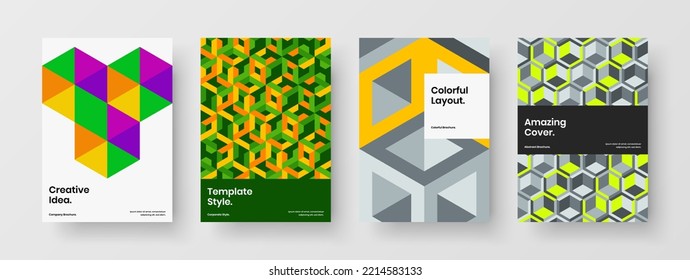 Modern placard design vector template set. Clean mosaic hexagons leaflet layout collection.