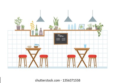 Modern place interior to meet, drink and eat. Vector flat style cartoon illustration of urban jungle cafe or bar for advertising, banner, poster.