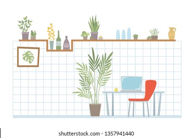 Modern place interior to meet, drink and eat. Vector flat style cartoon illustration of urban jungle cafe or bar for advertising, banner, poster.