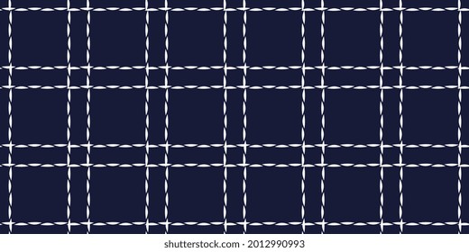 Modern plaid fabric design pattern  abstract doodle geo texture. Indigo blue criss cross white stitch lines textile swatch, ladies dress, man shirt all over print block.