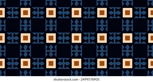Modern plaid pattern diamonds motif classic blue background seamless vector graphic. Abstract square tiles minimal geometric design fabric, textile, wallpaper. Easy to recolor all over print block.