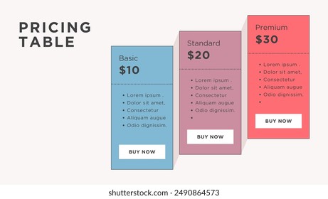 Modern plan and pricing table layout template.Minimalist abstract pricing comparison list template. UX UI price list. Landing page website product package price and check box. 