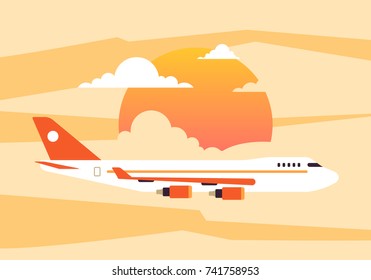 Modern plane in the sky above the sun and clouds. Cool logistic concept for airlines. Mis design, vector illustration.