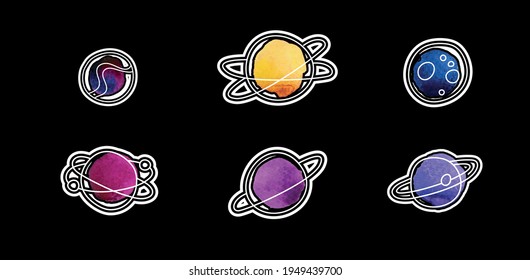 Modern planet sketch set on black backdrop. Hand drawn line art cartoon vector illustration