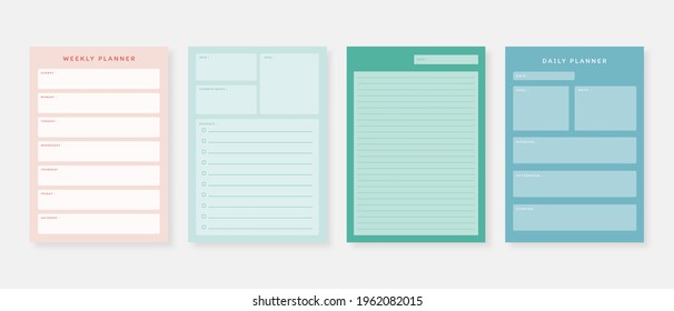 Modern planner template set. Set of planner and to do list. Monthly, weekly, daily planner template. Vector illustration.