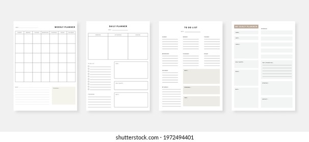 Modern planner template set. Set of planner and to do list. Monthly, weekly, daily planner template. Vector illustration.