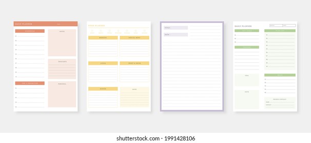 Modern planner template set. Set of planner and to do list. Monthly, weekly, daily planner template. Vector illustration.