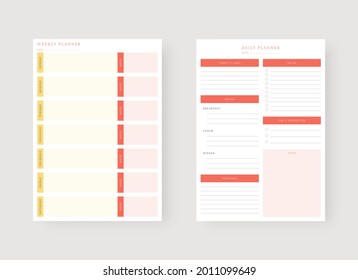 Modern planner template set. Set of planner and to do list. Daily and weekly planner template. Vector illustration.