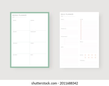 Modern planner template set. Set of planner and to do list. Daily and weekly planner template. Vector illustration.