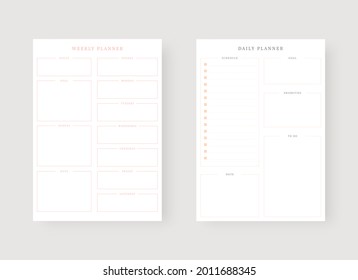 Modern planner template set. Set of planner and to do list. Daily and weekly planner template. Vector illustration.