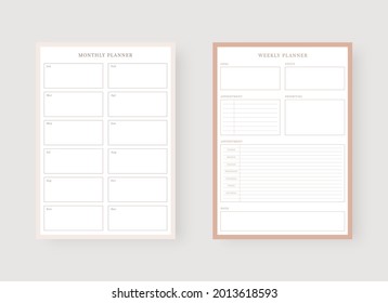 Modern planner template set. Set of planner and to do list. Monthly and weekly planner template. Vector illustration.