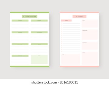 Modern planner template set. Set of planner and to do list. Weekly planner template. Vector illustration.