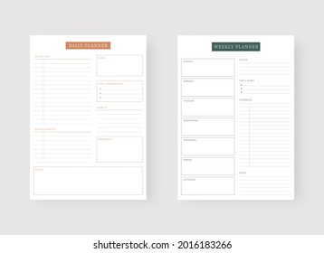 Modern planner template set. Set of planner and to do list. Daily and weekly planner template. Vector illustration.