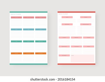 Modern planner template set. Set of planner and to do list. Monthly and weekly planner template. Vector illustration.