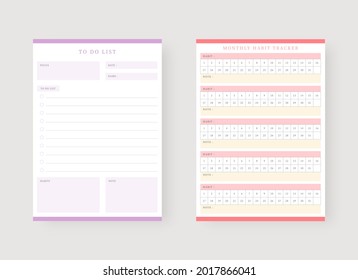 Modern planner template set. Set of planner and to do list. Monthly habit and to do list planner template. Vector illustration.