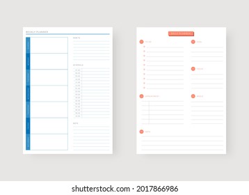 Modern planner template set. Set of planner and to do list. Daily and weekly planner template. Vector illustration.