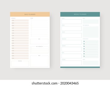 Modern planner template set. Set of planner and to do list. Daily and weekly planner template. Vector illustration.
