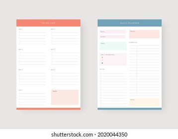 Modern planner template set. Set of planner and to do list. Daily and weekly planner template. Vector illustration.