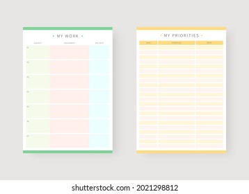 Modern planner template set. Set of planner and to do list. Work and priorities planner template. Vector illustration.