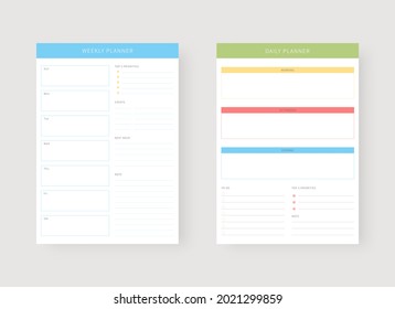 Modern planner template set. Set of planner and to do list. Daily and weekly planner template. Vector illustration.