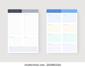 Modern planner template set. Set of planner and to do list. Daily and weekly planner template. Vector illustration.