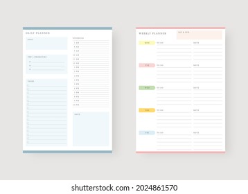 Modern planner template set. Set of planner and to do list. Daily and weekly planner template. Vector illustration.