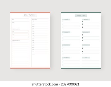 Modern planner template set. Set of planner and to do list. Daily and to do list planner template. Vector illustration.