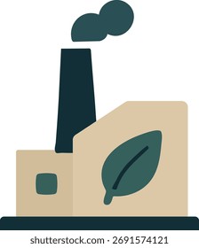 Eine moderne Pflanze mit einem Blattabzeichen und einem kleinen Schornstein lässt auf nachhaltige Industrie und grüne Produktion schließen