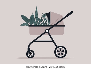 A modern plant mom concept, a baby carriage brimming with an assortment of house and garden plants