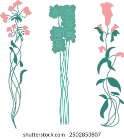 Modern plant set in Art Nouveau style, showcasing ornate botanical designs for graphics, classical and Art Deco art, hand-drawn vector artwork.