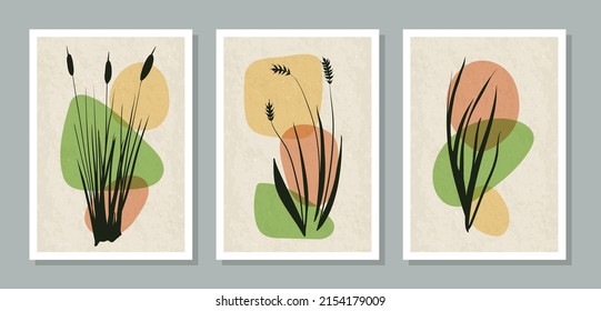 Modern plant vector set wih abstract shape. Earth tone boho hand-drawn herbs on neutral beige texture. Contemporary minimalist design for interior decor, cover, wallpaper, poster, wall art, print set