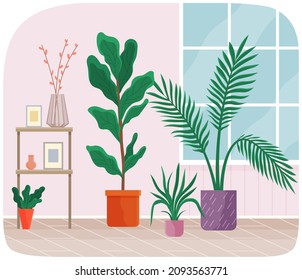 Modern plants at home interior design. Room at home for growing plants and flowers in pots. Empty cosy area with pink wallpaper and green houseplants. Greenery in apartment vector illustration