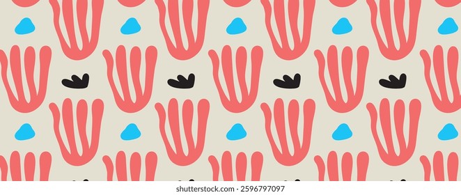modern plants seamless pattern abstract shapes, hand drawn elements, vector