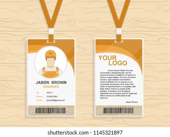 Modern plastic id card template with clasp and lanyard. Orange and white color mock up. Colorful icon or logo. Simple realistic design. Cute cartoon style. Flat style vector illustration.