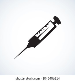 Modern plastic injector on white background. Web outline logo concept. Freehand linear black ink hand drawn healthcare picture sketchy in art retro doodle contour style. Closeup with space for text