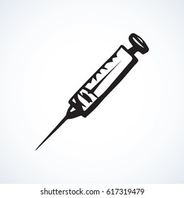 Modern plastic injector on white background. Web outline logo concept. Freehand linear black ink hand drawn picture emblem sketchy in art retro doodle contour style. View closeup with space for text