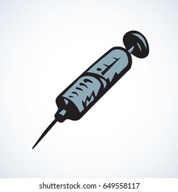 Modern plastic injector on white background. Web outline logo concept. Freehand linear black ink hand drawn picture emblem sketchy in art retro doodle contour style. View closeup with space for text