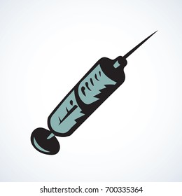 Modern plastic injector on white background. Web outline logo concept. Freehand linear black ink hand drawn picture emblem sketchy in art retro doodle contour style. View closeup with space for text